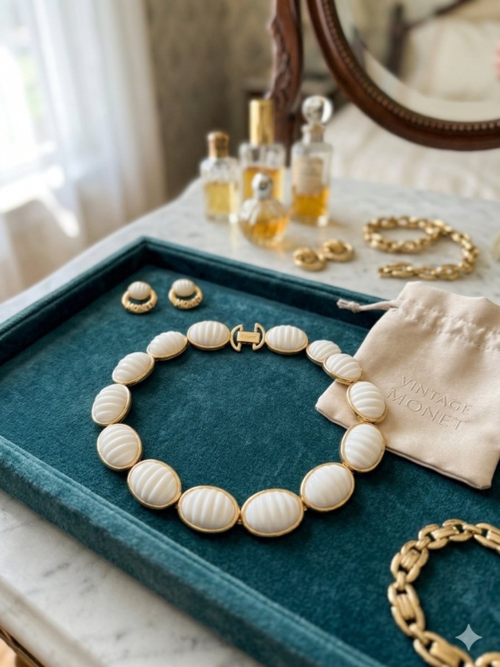 Vintage Monet White Ribbed Thermoset Link Choker Collar Necklace